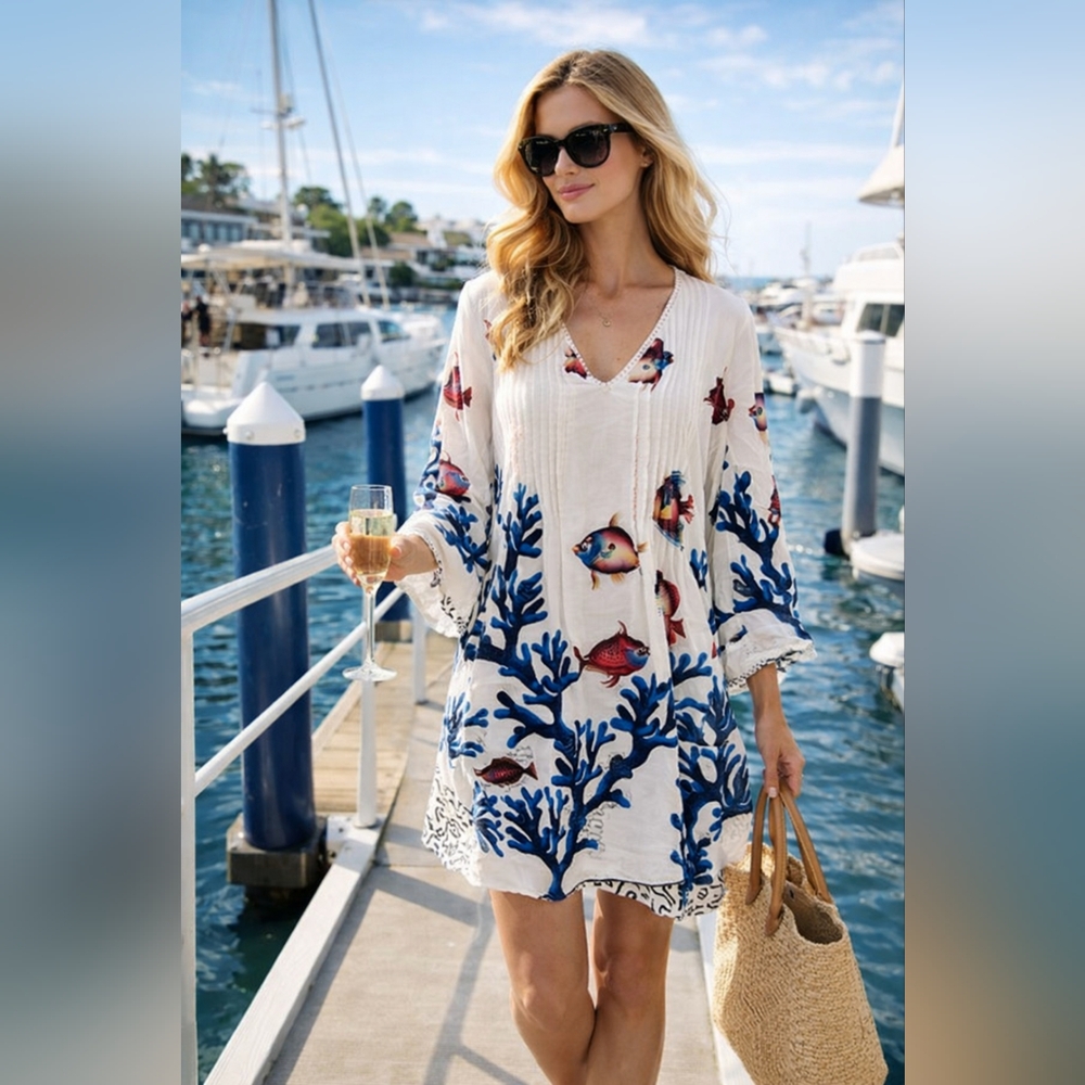Soft Surroundings Seychelles Fish Coral Beach Cover Up Tunic Dress Coastal Resor